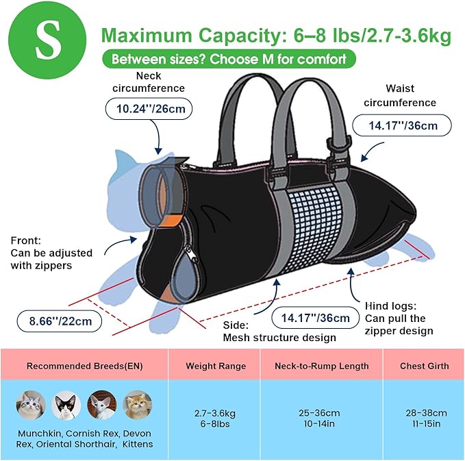 Cinf Cat Nail Clipping Cleaning Grooming Restraint Bag No Scratching Biting for Bathing Nail Trimming Injecting Examining(Black,S)