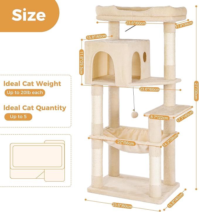53” Cat Tree for Large Cats 20 lbs+,XL Cat Tower with Scratching Posts,Enlarge Top Bed 23.6”and 21.6”x15”Hammock, Oversized Condo House-XLarge Beige