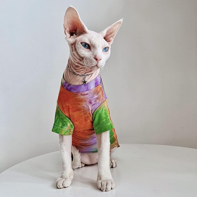 QBLEEV Sphynx Cat Clothes, Hairless Cats Rainbow Rendering T-Shirt for Spring Summer Autumn, Breathable Cat Wear Clothes Vest Shirts for Sphynx, Cornish Rex, Devon Rex, Peterbald