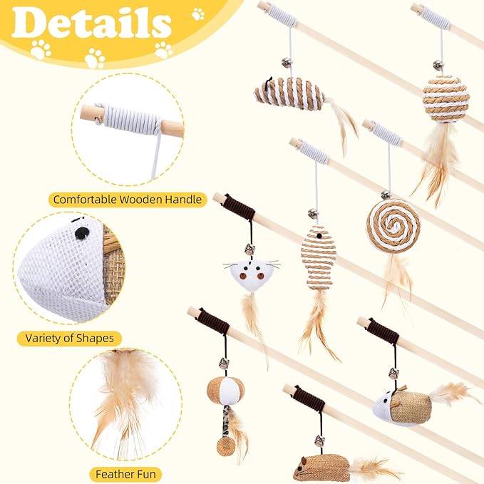 Leitee 16 Pcs Cat Interactive Toys Set Wooden Cats Teaser Wand Toy with Feather Handle Chew Rope Mouse Sisal Balls with Bells for Indoor Kitten Play Chase Exercise (Wooden Cat Wands Toys)