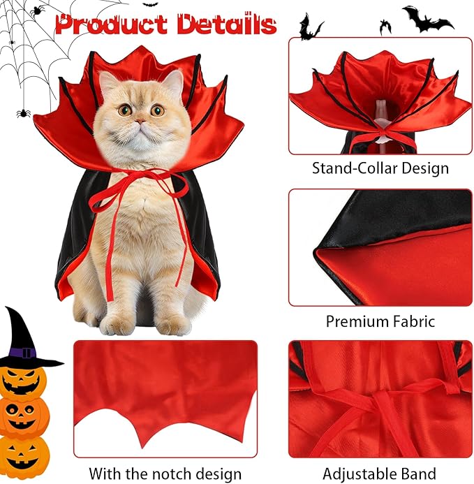 Dog Halloween Costume, Pet Cape for Small Puppy Dogs Cat Funny Red & Black Halloween Costumes with Neck Armor Adjustable Strap Idea for Vampire Party Cosplay (Red Bat, L)