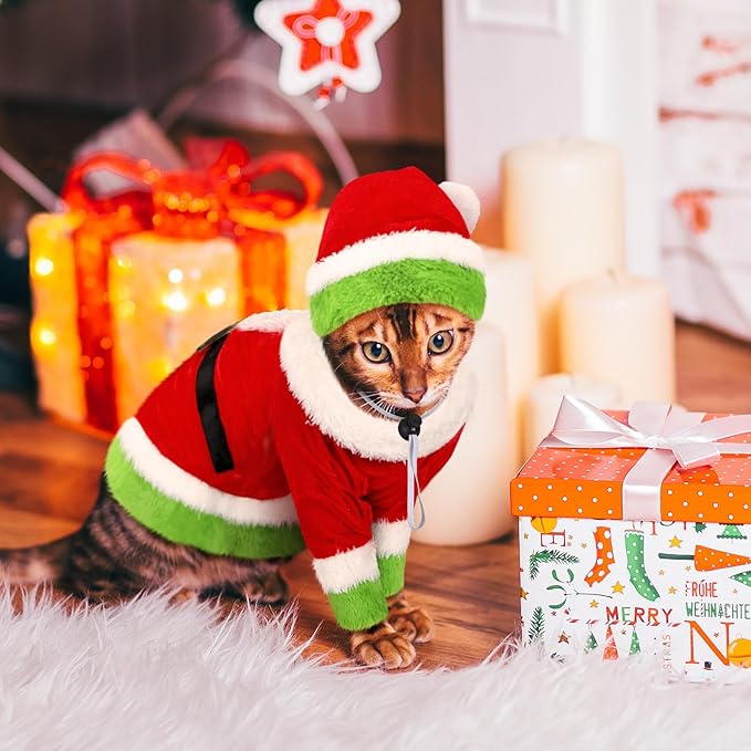 Dansydaisy Cat Christmas Costume Lime Green Character Pet Outfit Holiday Green Furry Pet Velvet Costume Cosplay Outfit Cute Funny Christmas Dogs and Cats Clothes for Party Favors(Large)