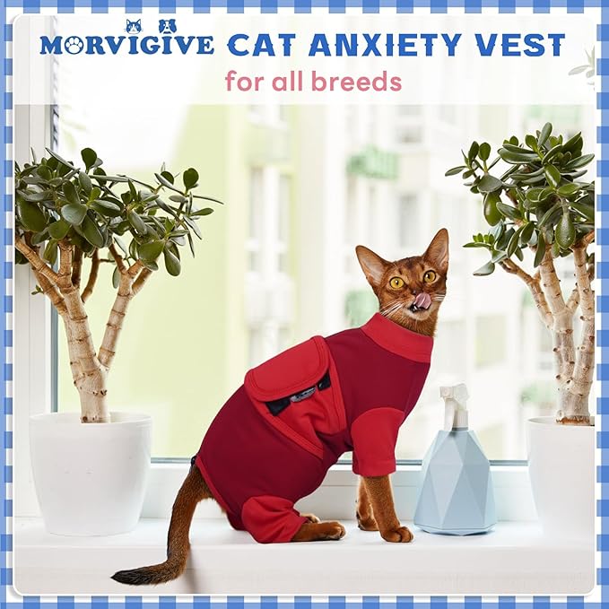 Cat Anxiety Relief Clothes, Adjustable Calming Shirt Suitable for Small Cats, Ideal for Thunderstorms, Fireworks, Separation, Travel, Loud Noises, Anti-Anxiety Comfortable Wrap, Red Small