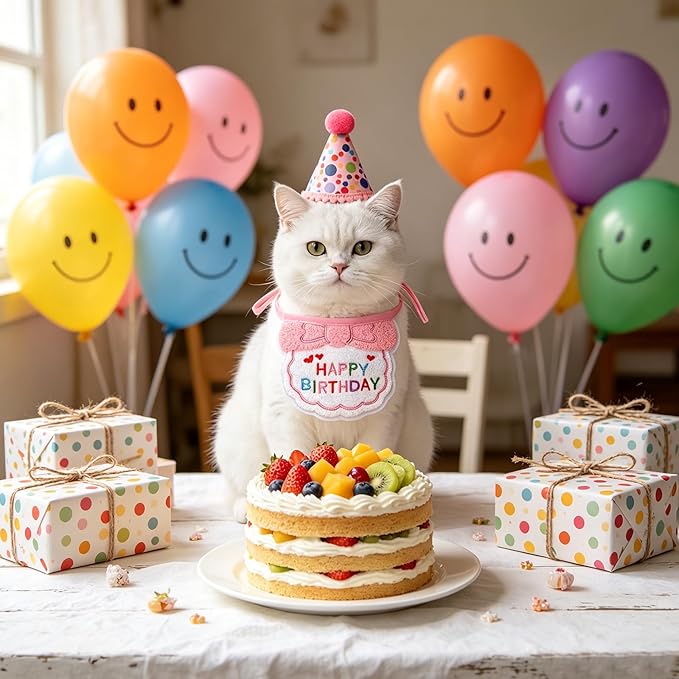 Pink Cat Birthday Hats for Cats with Number Bandana Pet Kitten Birthday Party Supplies Cats Decorations Outfits for Kittens Small Dogs