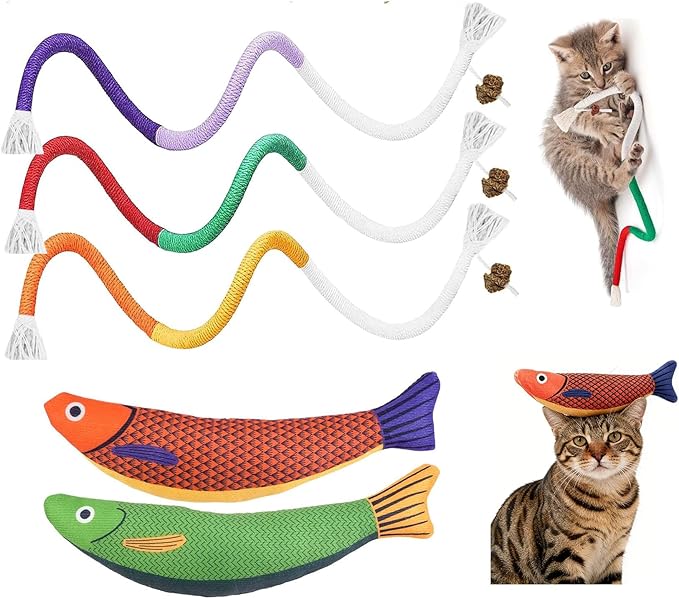Cat Chew Rope Toy,Catnip Saury Fish Toys,Cats Interactive Toys for Teeth Cleaning,5Pcs Cat Toys for Indoor Cats with Refillable Natural Catnip（5Pcs Cat Toys）