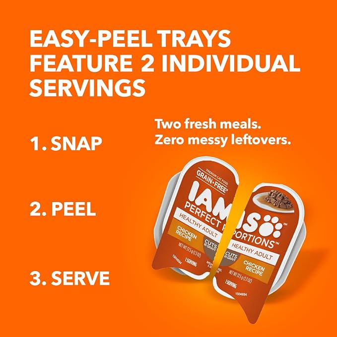 IAMS Perfect Portions Grain Free Wet Cat Food, Healthy Adult Cat Food Wet, Chicken Recipe Cuts in Gravy, (24) 2.6 oz. Twin-Pack Trays (Pack of 2)
