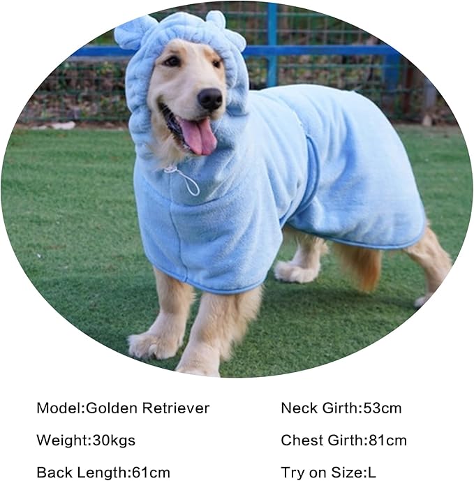 Pet Bathrobe for Dog Cat Absorbently Quick Drying Coat Cute Dogs Bath Towel Hooded Robe Adjustable Collar & Belly Strap for Pool Beach (Blue, X-Large)