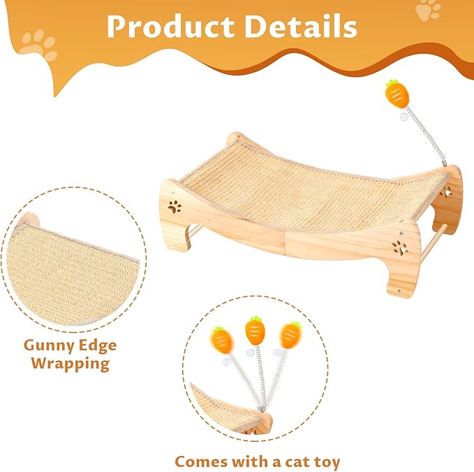 Cat Scratcher Bed with Interactive Carrot Toy - 3-in-1 Wooden Sisal Scratching Pad, Hammock Lounge & Play Center for Indoor Cats - Furniture Protector, Solid Wood Frame (Large)