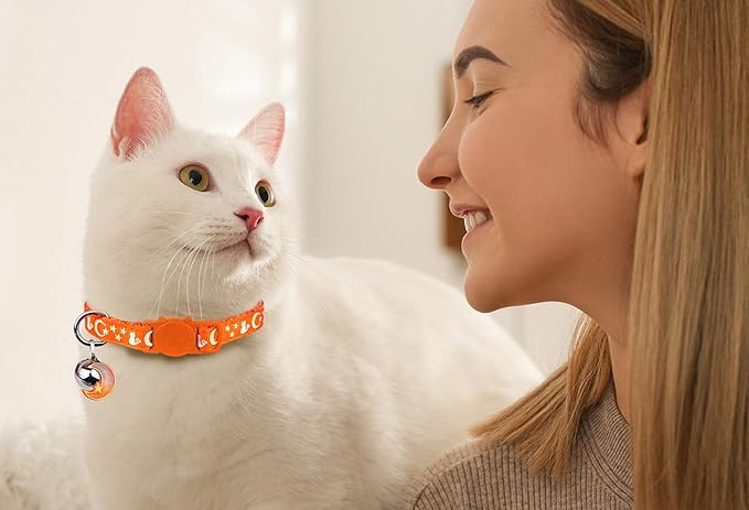 4PCS Cat Collar with Bells,Breakaway Cat Collars,Moons Stars Cute Kitty Adjustable Safe Kitten Collars Pendant Glow in The Dark,Cat Collars for Boy Cats 8.0-13.0 Inch(Black&Grey&Deep Green&Orange)