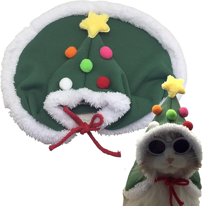 Cat Christmas Costumes Outfit Green Xmas Tree Elf Pet Cloak with Hat with Star and Pompoms Puppy Cape Clothes Party for Small Dogs Cats Pet Santa Presents,Green,Small PC305-1-S
