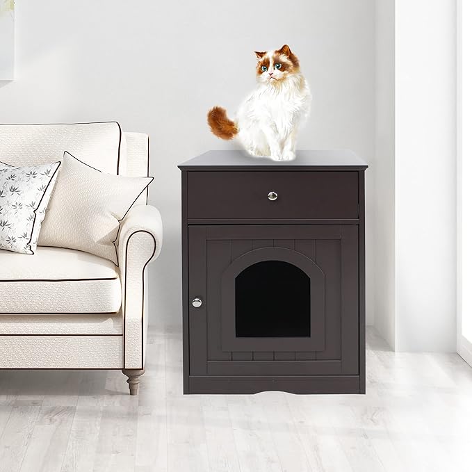 Wooden Cat Litter Box Cabinet with Drawer Hidden Pet House, Sofa Side Table, Indoor Pet Cage Storage Cabinet, Cat Hidden Cave Furniture for Living Room, Bedroom (Brown, 25 inches)