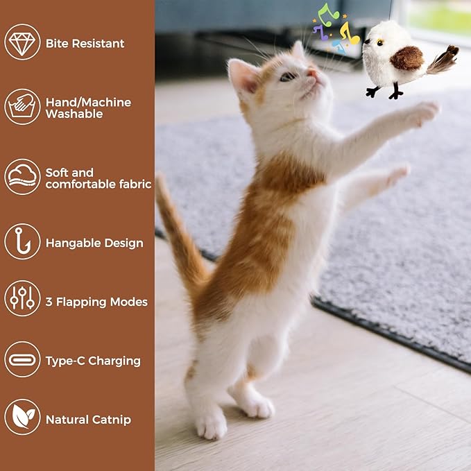 Cat Toys Flapping Bird Titmouse, Interactive Cat Kicker with 3 Modes, Touch Activated, Catnip Pouch, USB Rechargeable, Washable Plush Cover for Indoor Cats