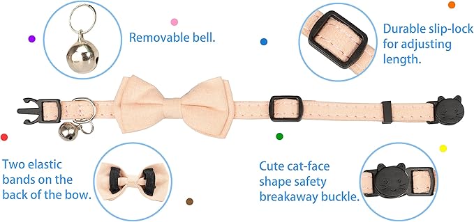 Cat Collar with Bow Tie Bell Breakaway Kitten Small Pet Safety Solid Wedding Basic Pure Color Suede Soft Adjustable [1pc] Pink