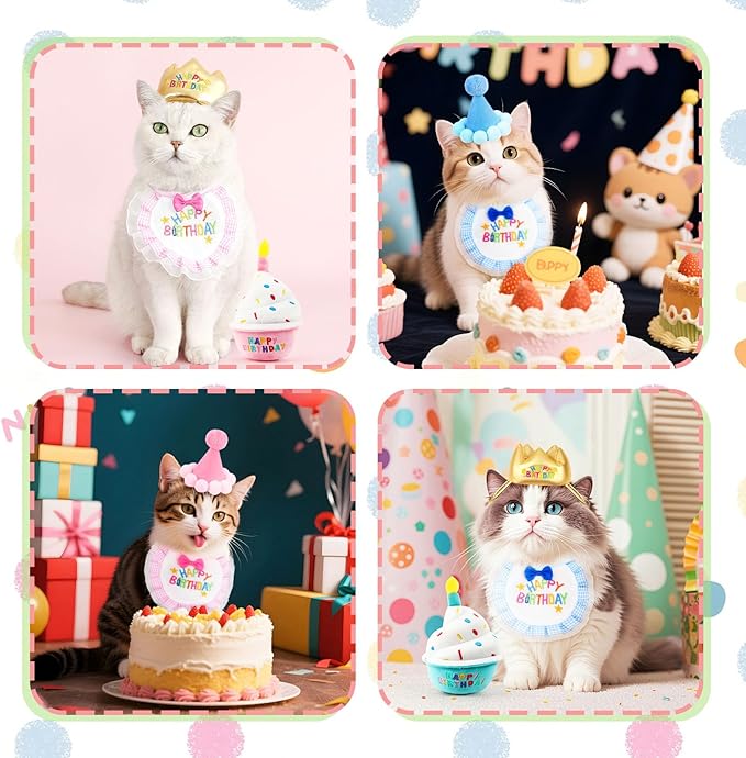 Cat Birthday Party Supplies - 4PC Cats Birthday Hat, Embroidered Bib, Cake Toy & Teaser Wand Cute Blue Costume for Cats Kittens Apparel Birthday Outfits
