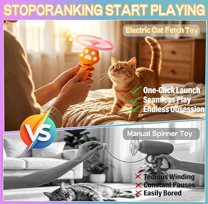 Cat Fetch Toy | One-Touch Automatic Launcher | Up to 20m Range | 6 Flying Discs | USB-C Rechargeable | No Winding Needed | Interactive Indoor Outdoor Cat Toy