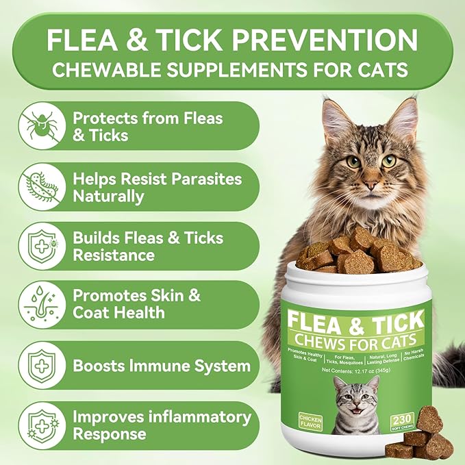 Cat Flea and Tick Chewables for Cats 230Ct, Natural Support Supplement, Flea Supplement for Cats, Flea and Tick Chews for Cats Kitten, All Breeds & Sizes, Digestive Health