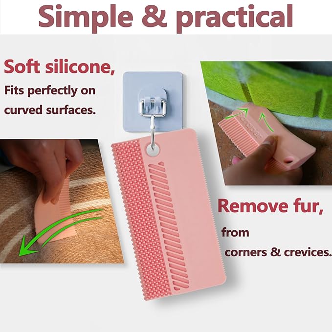 Self-Cleaning Cat Shedding Grooming Brush for Small Dog Pet Short Hair Remover Set Reusable Lint Removal Tool Carpet Scraper for Clothes Couch Bedding Furniture Car Pink
