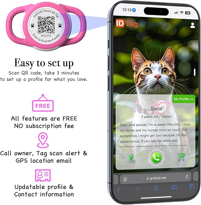 Cat Collar with Airtag Holder & QR Code Tag, Reflective Breakaway Kitten Collar with Quick Release Buckle, Adjustable Nylon Safety Collar for Indoor Outdoor Cats (Rose Red)