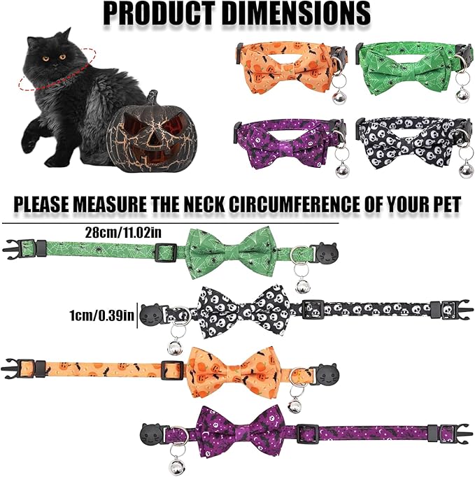 Halloween Cat Collar, Adjustable Kitten Halloween Collars with Bow Tie and Bell, Breakaway Kittens Collar for Girl Boy Cats Kittens (Orange)