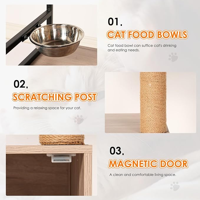 Cat Tree with Litter Box Enclosure, Cat Tower for Indoor Cats with Large Hammock, Bed, Food Station, Scratching Posts, Modern Style Pet Furniture, Gray+White