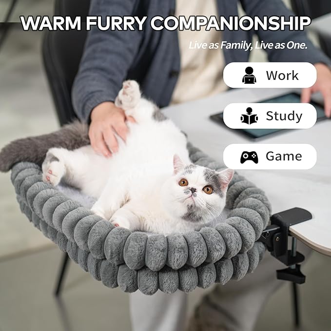 CHEERPALS Cat Desk Bed with Reversible Cushion, 90°Foldable Cat Hammock for Desk Mounted, Suitable for Medium-to-Large Cats and Puppy, Clowd Series(Grey, Large)
