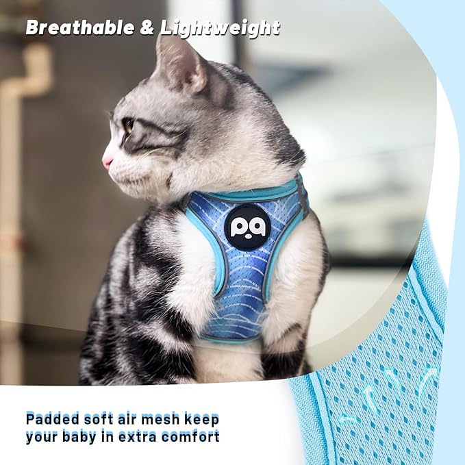 QQPETS Cat Harness and Leash Set for Walking Escape Proof, Safe Adjustable Kitten Vest with Reflective Strips, Easy Control Soft Mesh Lightweight Jacket (Striped Blue, S(Chest 15”-15.7”))