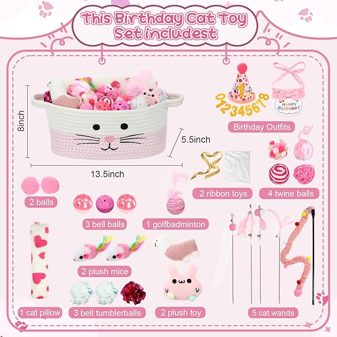 Zopeal Graduation Cat Toy Set Interactive Cat Toys Pack Including Feather Teaser Wand Plush Gift Outfit Mice Crinkle Balls and Pet Bell Balls, Puzzle for Indoor Cats Gift Basket for Kitten(Pink)