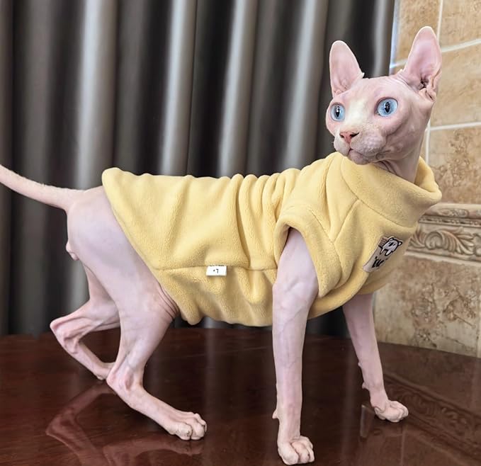 Sphynx Cat Clothes Hairless Cat Warm Fleece Vest Elastic Winter Sweater Outfit, Pet Clothes for Sphynx Cat Coat for Cats and Small Dogs Apparel, Hairless cat Shirts Sweaters (Yolk, Medium)