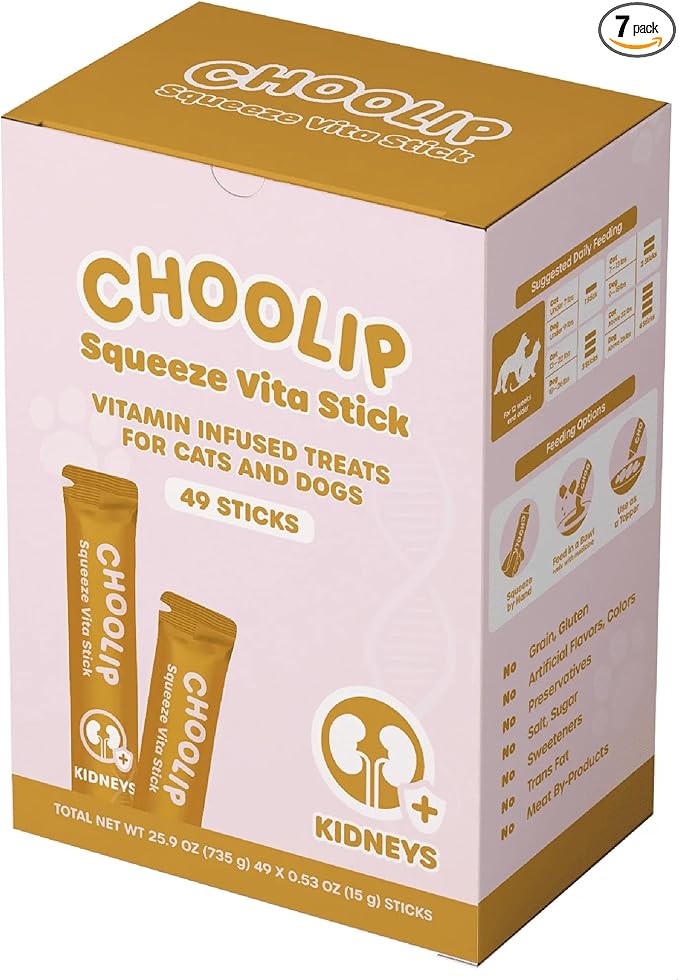 Choolip Squeeze Vita Stick Kidney Support Lickable Cat and Dog Treats – 49-Count Tuna and Pollack Sticks with Pumpkin, Blueberry and Omega-3 – Box with 7 Pouches, Vet-Formulated for Kidney Health