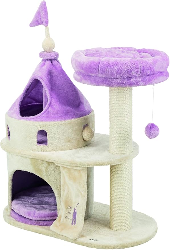 TRIXIE My Kitty Darling Castle Condo, Scratching Post, Cat Tree, Pom Pom, Crinkle Toy | Beige 27.5 x 14.75 x 35.25 in.