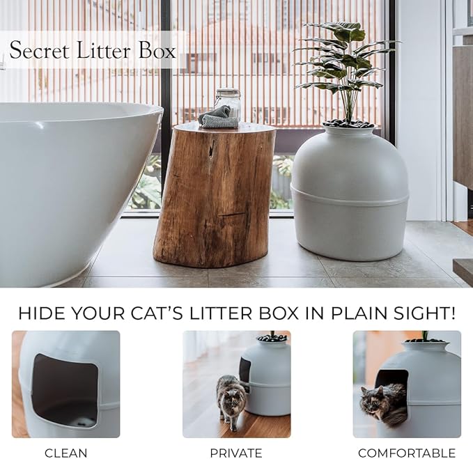 Secret Litter Box by Bundle & Bliss - Hidden Litter Box Enclosure, Patented Design with Odor Control, Includes Faux Plant, Carbon Filter and Real Stones (Soft Grey)
