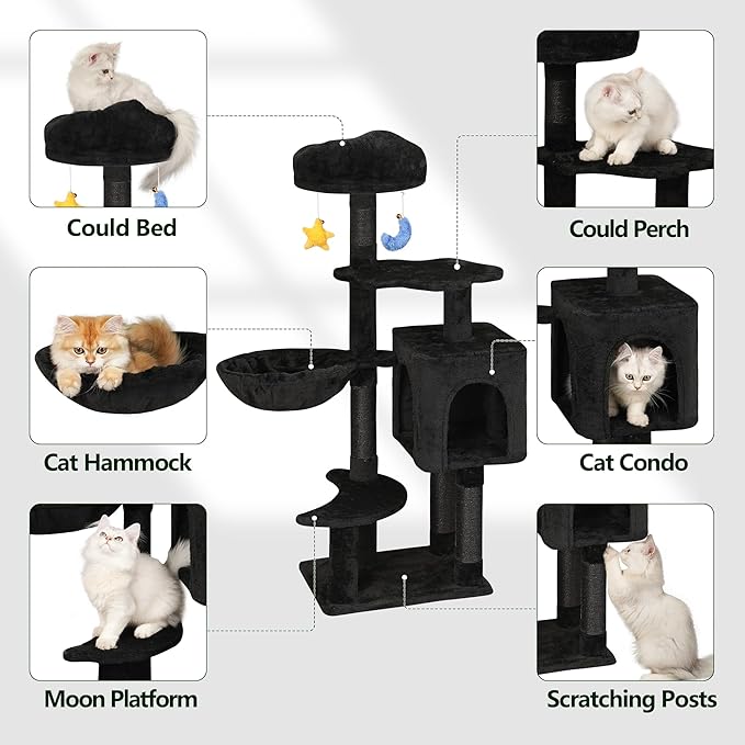 Meecal Gothic Black Cat Tree for Indoor Kittens & Small Cats Under 6 Months 9lbs, 43-Inch Cute Cat Tower with Scratching Post, Cat Condos, Cozy Hammock, Unique Perch & Dangling Toy