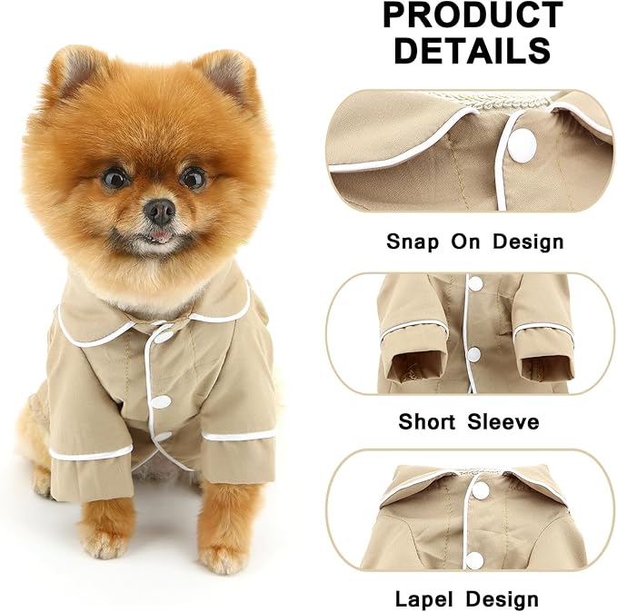 SMALLLEE_LUCKY_STORE Dog Pajamas for Small Medium Dogs Cats Soft Pet Sleepwear Shirts Comfortable Lapel Pjs Loungewear Clothes Bulldog Chihuahua Yorkie Two-Legged Outfit, Khaki, XXL