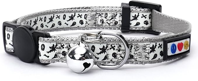 Pawtitas Glow in The Dark Cat Collar with Breakaway Safety Buckle & Bell Adjustable Kitten Collar, Halloween Grey