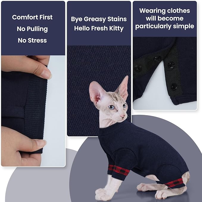 Sphynx Hairless Cats Sweater Shirt Kitten Soft Pullover Cute Cat Pajamas Jumpsuit Cotton Apparel Pet Winter Turtleneck for Cats DarkBlue M