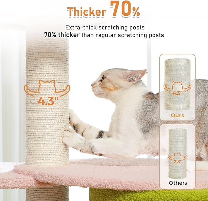 MUTTROS 50" Pink Flower Cat Tree for Large Heavy Cats, Maine Coon Cat Tower with Extra Thick Scratching Posts (φ4.3in), Spacious Cat Condo for Big Cats 20 lbs, Soft Top Bed-Green
