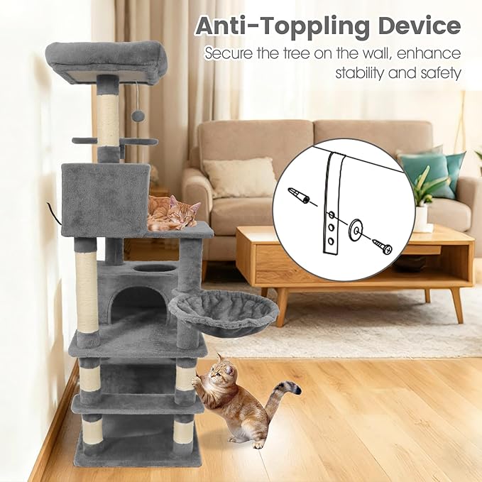 Tangkula 66 Inch Tall Cat Tree, Multi-Level Cat Tower with Sisal Scratching Posts, 2 Condos, Plush Perch, Hammock, Basket, Dangling Toys, Cat Climbing Furniture for Indoor Cats (Light Gray)