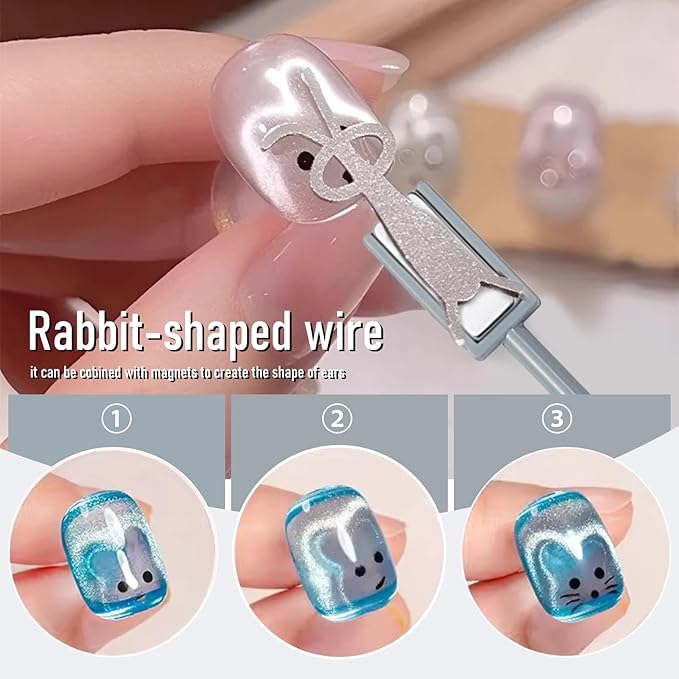 WOKOTO 2 PCS Cat Eye Magnet for Nails, Heart & Rabbit Shape Magnetic Effect Stencil, 3 In 1 Cylindrical And Double-Head Nail Magnets For Nail Art Magnetic Sticks, DIY Manicure Heart Rabbit Magnet Nail