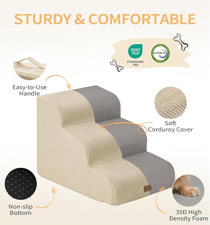 Made4Pets Dog Stairs Ramp for Bed 19.7" H, 4-Step Dog Steps for High Bed Couch Sofa Climbing, 35D Foam Pet Steps for Small Dogs and Cats, Non-Slip Bottom Pet Stairs, Beige