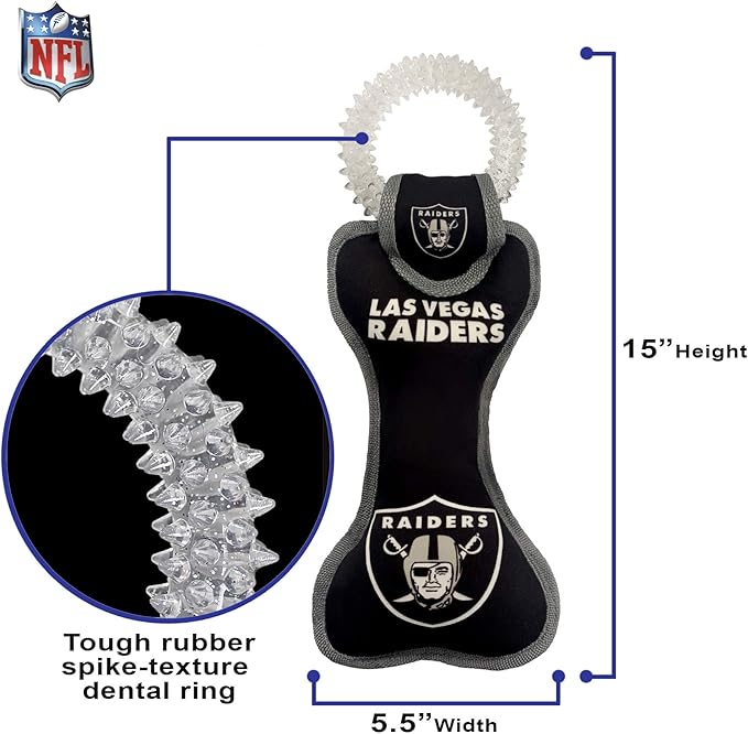 Pets First NFL Las Vegas Raiders Football Dental Tough Dog TUG Bone Toy with Built-in Squeaker Attached to a Safe Rubber Teething Toothbrush PET Toy, Team Color, (OAK-3310), 14 x 5