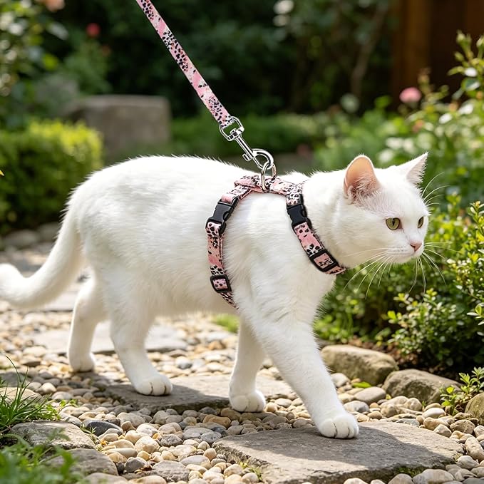 PUPTECK Adjustable Cat Harness and Leash Set Escape Proof Kitten Strap Collar for Walking Travel, Leopard Print