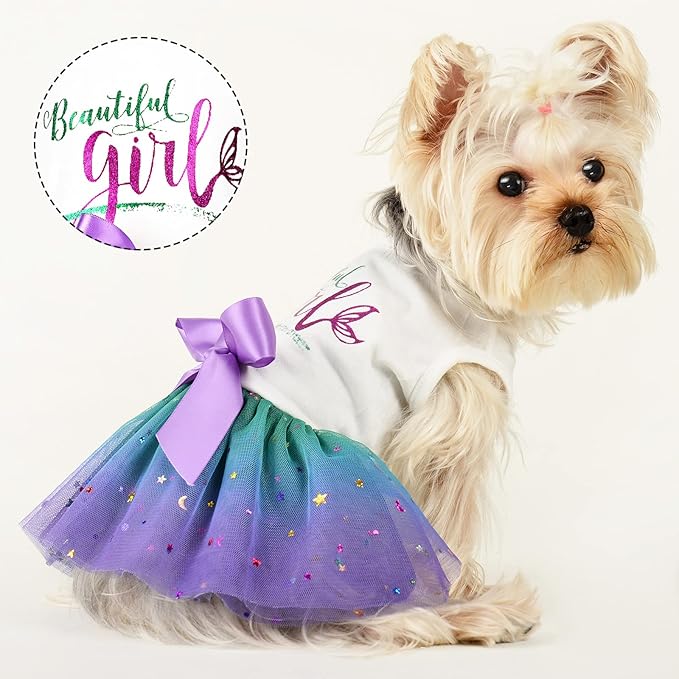 Dog Clothes for Small Medium Dogs Girl, Gradient Sequin Mesh Dress Dog Outfit, Summer Tutu Dog Dresses, Cat Apparel, Cute Pet Puppy Clothing Doggie Outfits (Small, Gradient Blue)