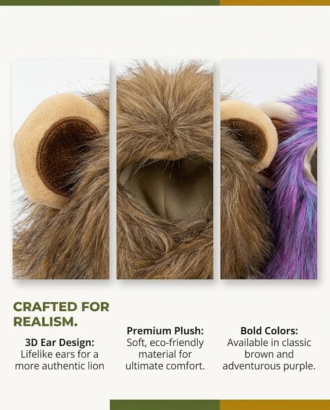 2 pcs Small Code Costume for Cat Lion Mane Wig Set – Halloween Cat Costumes | Adjustable Washable Pet Lion Costume for Christmas, Easter, Parties (Brown, Purple)
