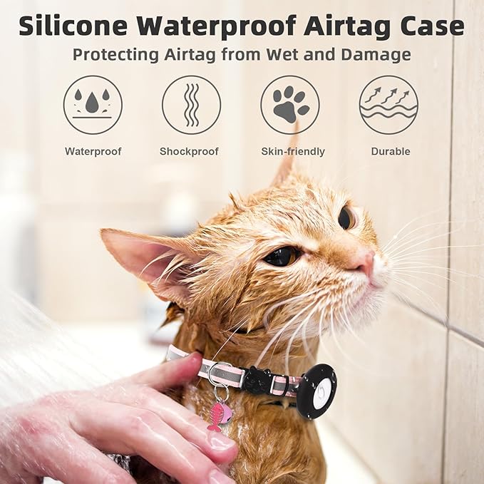 Airtag Cat Collar, Air tag Cat Collar with Bell and Safety Buckle in 3/8" Width, Reflective Collar with Waterproof Airtag Holder Compatible with Apple Airtag for Cat Dog Kitten Puppy (Black+Pink)
