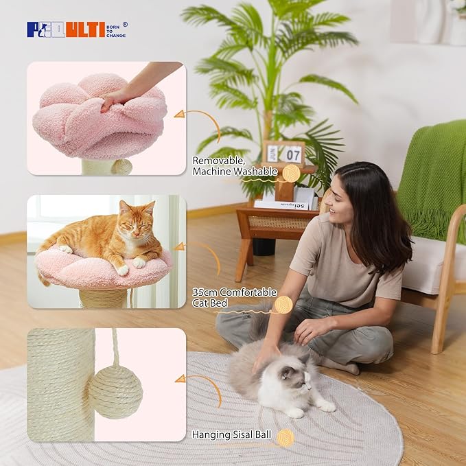PEQULTI Flower Cat Scratching Post, Small Cat Tree, Scratcher for Indoor Cats with Super Thick Scratching Post [Dia=5.5''], Removable Flower Bed, Cat Scratch Post with Spring Ball, Pink