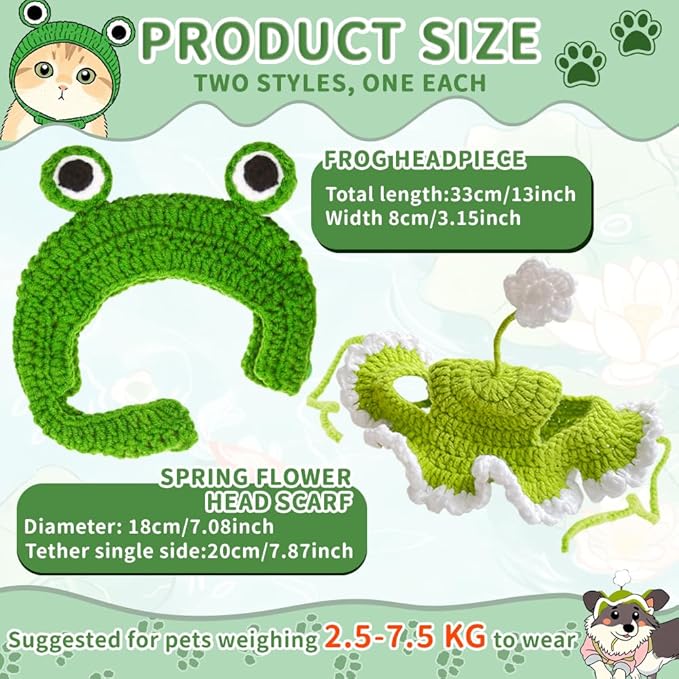2 PCS Pet Costume Hats Cat Dog Cute Frog and Flower Headband Crochet Knitted Cap Big Eye Frog Party Cosplay for Kitten Puppy Pet Birthday Hat