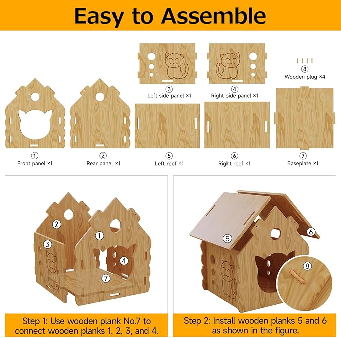 Pinewood Cat House,Habitat for Small Animals,Shelter for Wild Cats,Suitable for Indoor Kittens, Chickens and Dog with Air Vents Warm Cat Cave,Durable, Weather-Resistant, DIY Paintable,Easy to Install