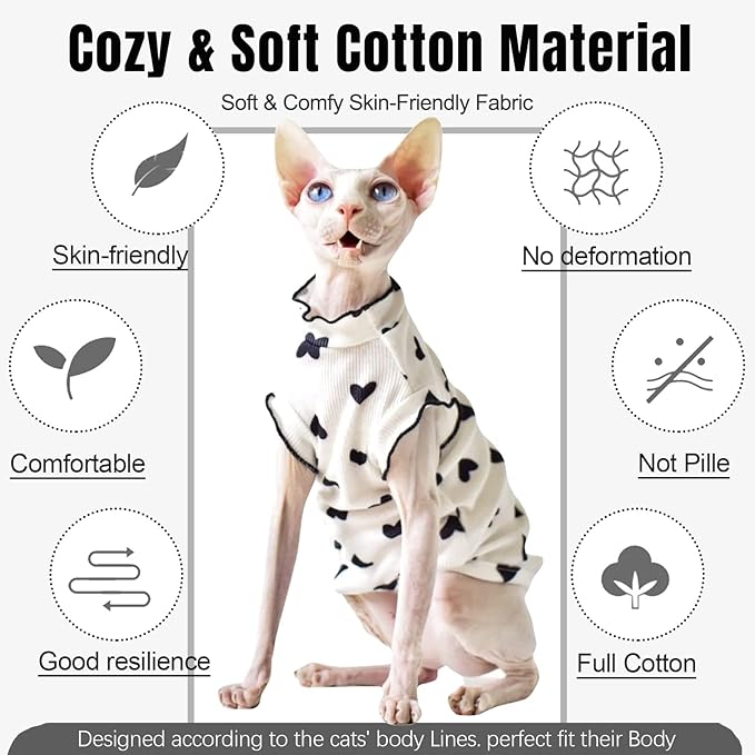 DENTRUN Heart Pattern Sphynx Hairless Cats Shirt, Kitten T-Shirts with Perlin Sleeves, Breathable Cat Wear Cute Sweater Adorable Hairless Cat's Clothes Vest Pajamas Jumpsuit