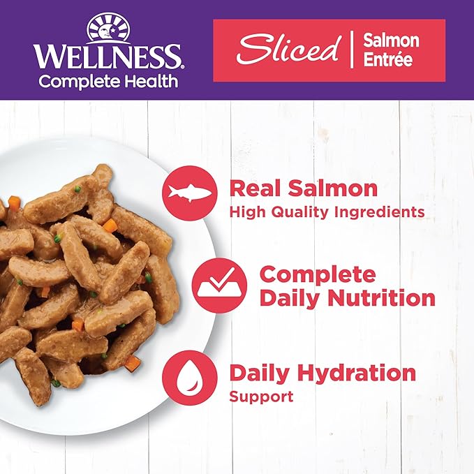 Wellness Complete Health Sliced Adult Canned Wet Cat Food, Natural, Protein Rich, Grain Free, Salmon Entrée Recipe, 5.5 oz, Pack of 24 Cans