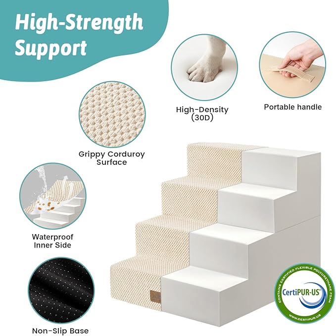 COZY KISS Dog Stairs for Small Dogs, 4 Tier Removable Wider Pet Stairs for Couch and Bed, 17.7" H Dog Steps for Old Cats, Puppy, Small Dogs, 17.7x23.6x17.7 inch, Beige